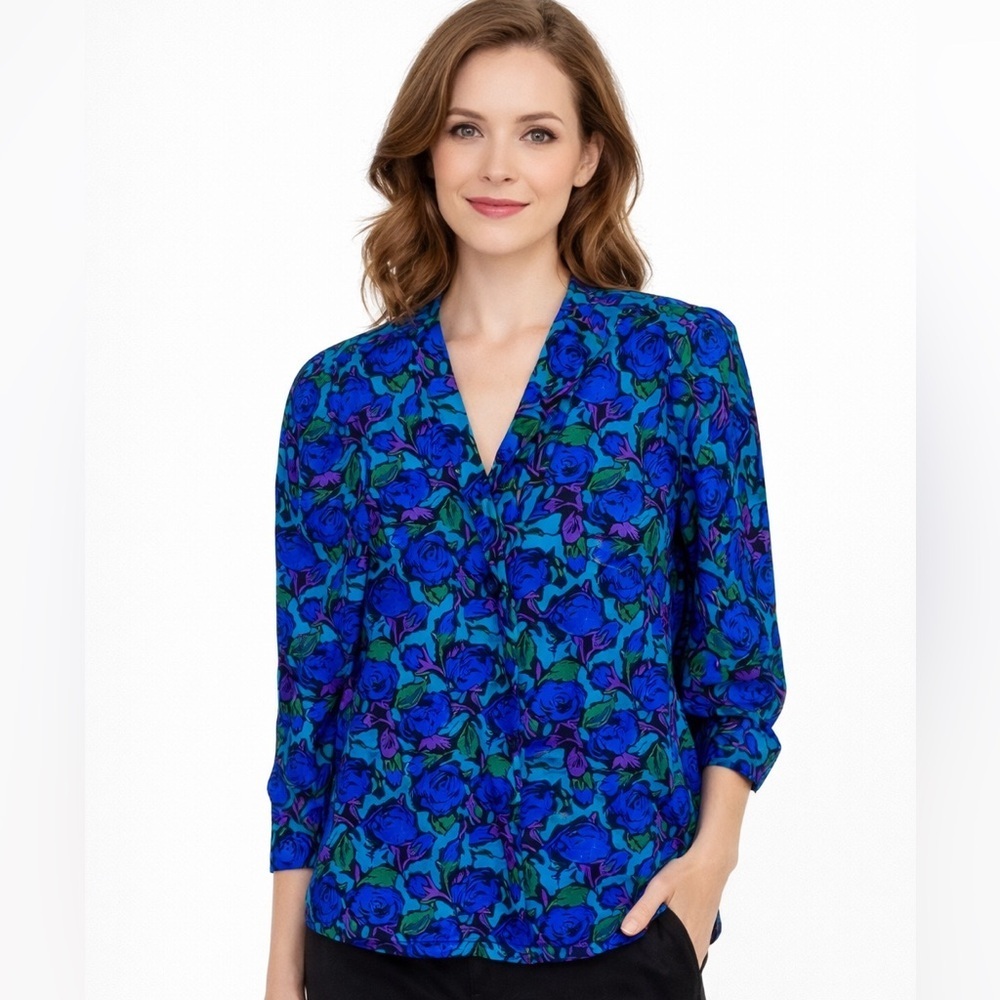 Vintage 100% Silk Floral Blouse Blue Green St Gillian Size 10 Classic